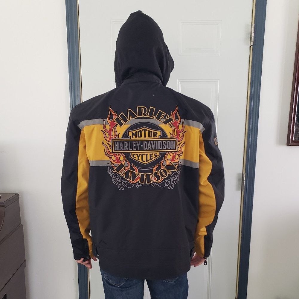 Black and Yellow Harley Davidson Hooded Jacket with Flames